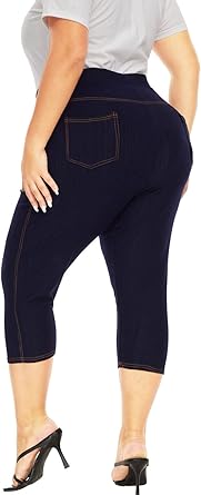 Jeggings for Women Plus Size Capri, Stretchy Jeans Leggings High Waisted Denim Capris with Pockets Pull On