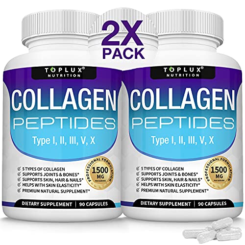 Multi Collagen Peptides Complex Pills 1500 Mg - Type I, II, III, V, X Premium Collagen Complex for Better Skin & Hair, Strong Joint, Hydrolyzed Protein, for Men Women, 90 Capsules, Toplux Supplement