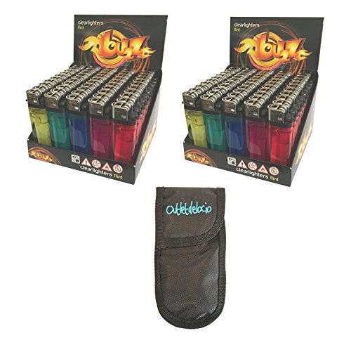 Outletdelocio. Pack 100 mecheros Desechables + Funda portamecheros. Colores Surtidos. con Seguro a Prueba de niños.