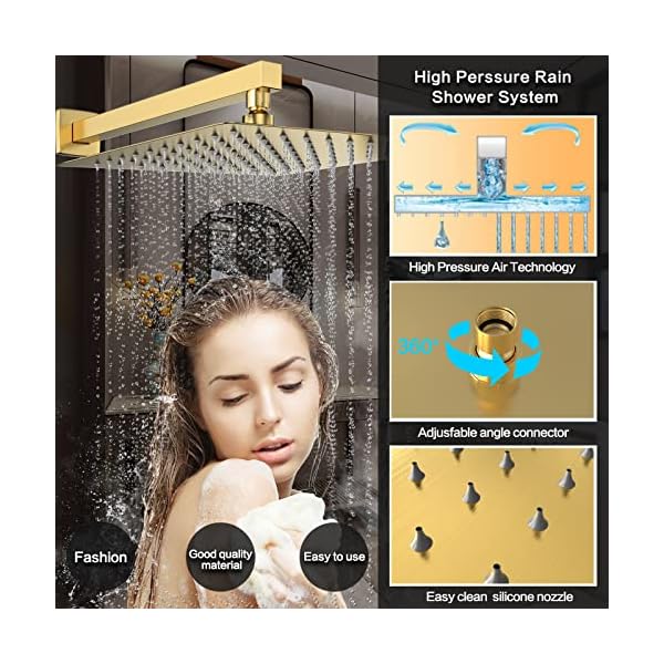 Rain shower system 10 inches shower head with handheld combo set for bathroomhigh pressure rainfall shower faucet set wall mountedrough in valve and trim kitbrushed gold  urban country home decor
