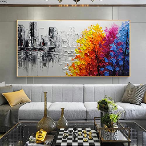 Tableau Arbre Coloré Peinture Toile Grand Format 70x140cm pour un Salon Chaleureux et Moderne