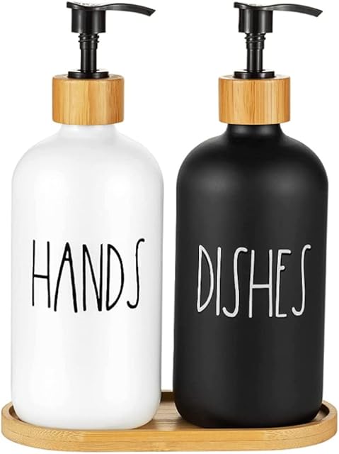 Hniuyun Glass Soap Dispenser Set of 2, Glass Soap Dispenser Bottle with Pump, 16 Oz Refillable Liquid Hand Jar Dispenser for Bathroom, Countertop, Kitchen, Laundry Room (Black & White)