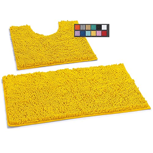 LuxUrux Luxury Chenille (2-Piece) Bath Mat Set, Soft Plush Anti-Slip Rug + Toilet Mat.1'' Microfiber Shaggy Carpet, Super Absorbent (Lemon, 80 x 50 cm + U Shaped 50 x 50 cm)
