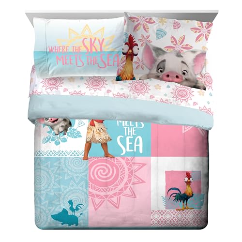 Image of Disney Moana Queen Comforter Set 7 Piece Kids Bedding for Girls, Multi | Bed in a Bag, Comforter Sheets Shams Pillowcases, Official Brand, Soft Microfiber, Machine Washable, Girls Gift