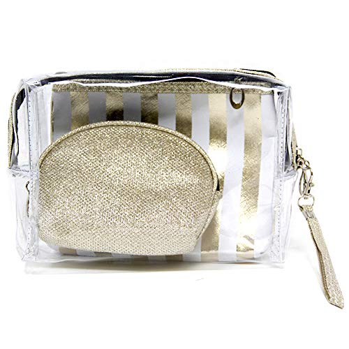 by you 3 pcs Set Portable PVC Makeup Case Cosmetic Bag Pouch Travel Organizer Purse Wristlet With Zipper (3PCS STRIPED-GOLD)