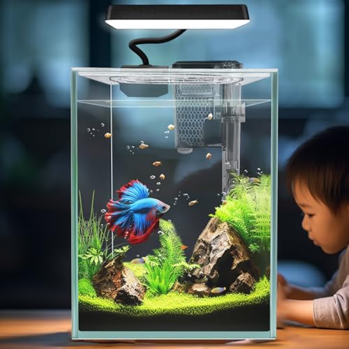 iPriro Ultra White Glass Betta Aquarium Starter Kits 1.5 Gallon Small Fish Tank, Betta Fish Tank with LED Light, Power Filter, 4mm Glass