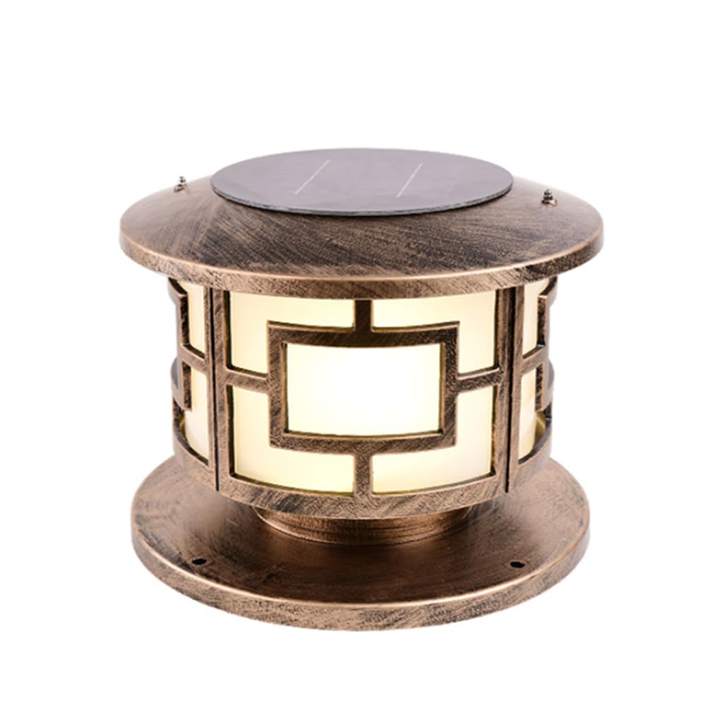 Outdoor Round Solar Column Light European Industrial Pillar Lamp Rustic Exterior Pillar Pole Lantern Vintage Solar Pathway Lights