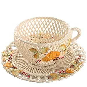 Belleek Basketweave Handmade Autumn – Harvest Cup & Saucer Basket Figurine – Irish Coffee Kitchen Decor – Collectible Tea Cup & Plate – Decorative Cup, Aesthetic Mug, Cute Mug Display