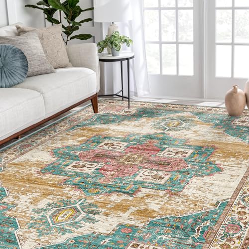 RUUGME Washable 5x7 Area Rugs - Large Rugs for Living Room Stain Resistant Carpet Vintage Rugs for Bedroom with Non Slip Backing Home Decor Floor Decoration Mat (5x7 Green)