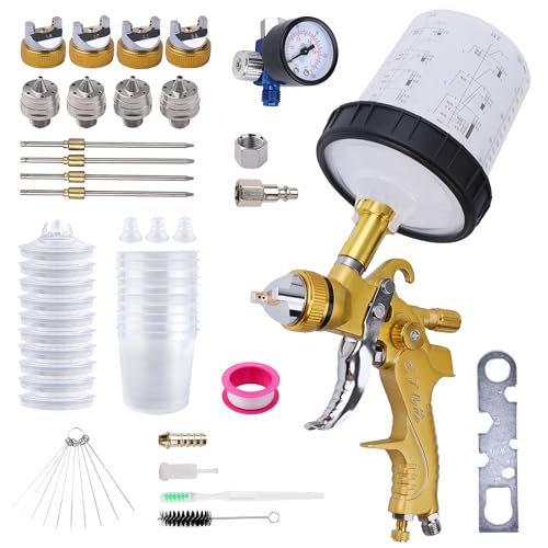 Image of HVLP Spray Gun with 10Pcs 600ML Disposable Paint Cups, Automotive Gravity Feed Paint Spray Gun Kit with Air Compressor Regulator for Auto (Black) (Yellow)