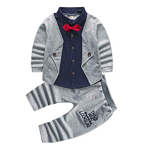 HZXVic 2pcs Baby Boy Dress Clothes Toddler Outfits Infant Tuxedo Formal Suits for Kids Long Sleeve Shirt + Pants Set (Grey, 4T)