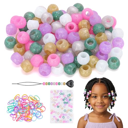 FunisFun Glitter Silicone Hair Beads 90Pcs Soft Shimmery Pony Beads for Braids 6 Colors Hair Accessories for Kids Girls Parties Daily Hairstyles(Small-90P)