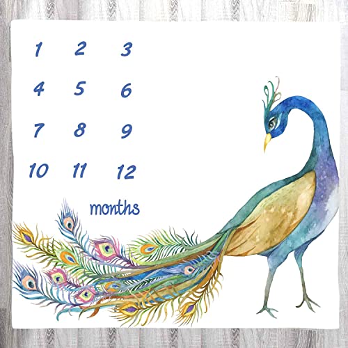 Image of LYLYCTY Baby Monthly Milestone Blanket, Peacock White Baby Growth Chart Age Blanket Baby Memory Blanket, 48x40 Inch Baby Swaddle Blanket Nurse Receiving Blanket BTXTLY16