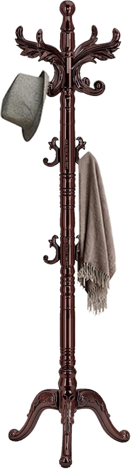 Wooden Coat Rack Stand Sturdy Triangle Base, Natural Birch Wood Coat Racks Freestanding, Vintage Solid Wood Coat Tree Stand with 14 Hooks, Classic Sturdy Coat Racks Hall Tree for Entryway