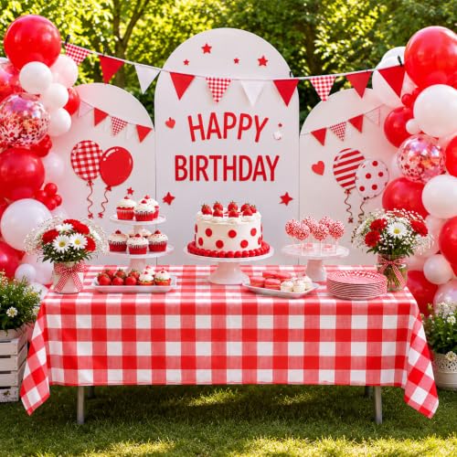 Image of Blue Orchards Red Gingham Table Cover (Pack of 3 with 20 Glue dots) - 54 inchx108 inch XL - Red and White Checkered Picnic Plaid Tablecloth, Plastic Rectangle Decoration for Outdoor Birthday Party Supplies