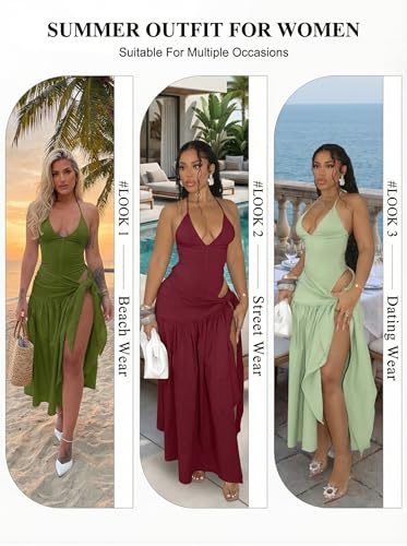 Image of Two Piece Skirt Set Women Sexy Halter Backless Bodysuit and Wrap Tied High Split Summer Maxi Skirt Set