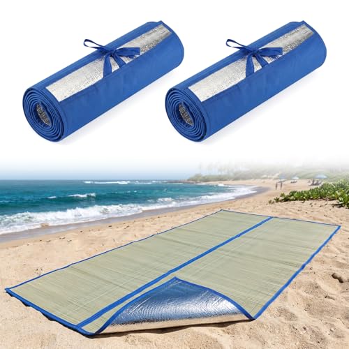 U0U 70x31.5inch Straw Beach Mat with Heat Insulation Aluminum Film Foldable Breathable Natural Straw Mat for Insulate Beach Heat and Beach Picnic Camping Tent Crawling Yoga (Blue 70x31.5inch/2pcs)