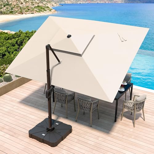 JZAC & QZYD 10x13 FT Rectangular Cantilever Patio Umbrella with Base Included and LED Lights, Large 2-Tier Aluminum Offset Umbrella with Heavy-Duty Frame and 360° Rotation, Beige