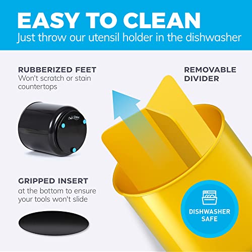 Image of Cooler Kitchen Extra Large Rotating Utensil Holder Caddy with Sturdy No-Tip Weighted Base, Removable Divider, and Gripped Insert: Yellow | Rust Proof Plastic and Dishwasher Safe 7*7 inches