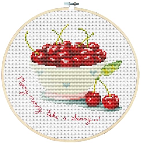 Awesocrafts Kit de punto de cruz con aro de cereza, fruta, patrones fáciles, punto de cruz, bordado, suministros de costura (cereza)