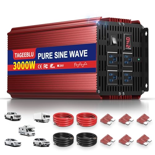 Image of TAGEEBLU 24V 3000W Pure Sine Wave Inverter - 6000W Surge, 24V DC to 110V AC Heavy Duty Power Inverter for RV, Truck, Home, Solar, Off-Grid, Outdoor, Car Converter with 4 AC Outlets and LCD Display