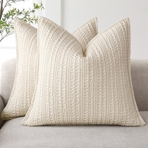 Image of Foindtower Set of 2 Decorative Cotton Waffle Weave Throw Pillow Covers Euro Shams Cushion Covers Accent European Pillowcase for Bed Couch Sofa Bedroom Living Room Home Decor 26x26 Inch Natural Beige