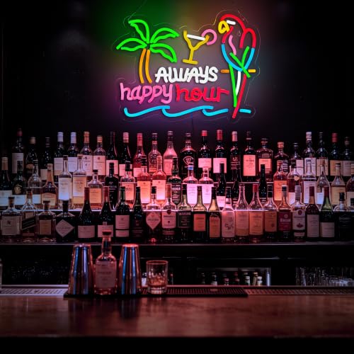 Image of Always Happy Hour Neon Sign for Wall Decor,Parrot Bar LED Light Up Dimmable Signs Compatible with Timer for Pub Party Man Cave Room Restaurant Business Party Art Decor Gift