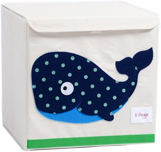 Wo Baby Foldable Storage Box with Lids, Canvas Collapsible Storage Cube Orginizers for Toys, Clothing, Books, Blankets, etc.(13 x 13 x 13) (Whale)