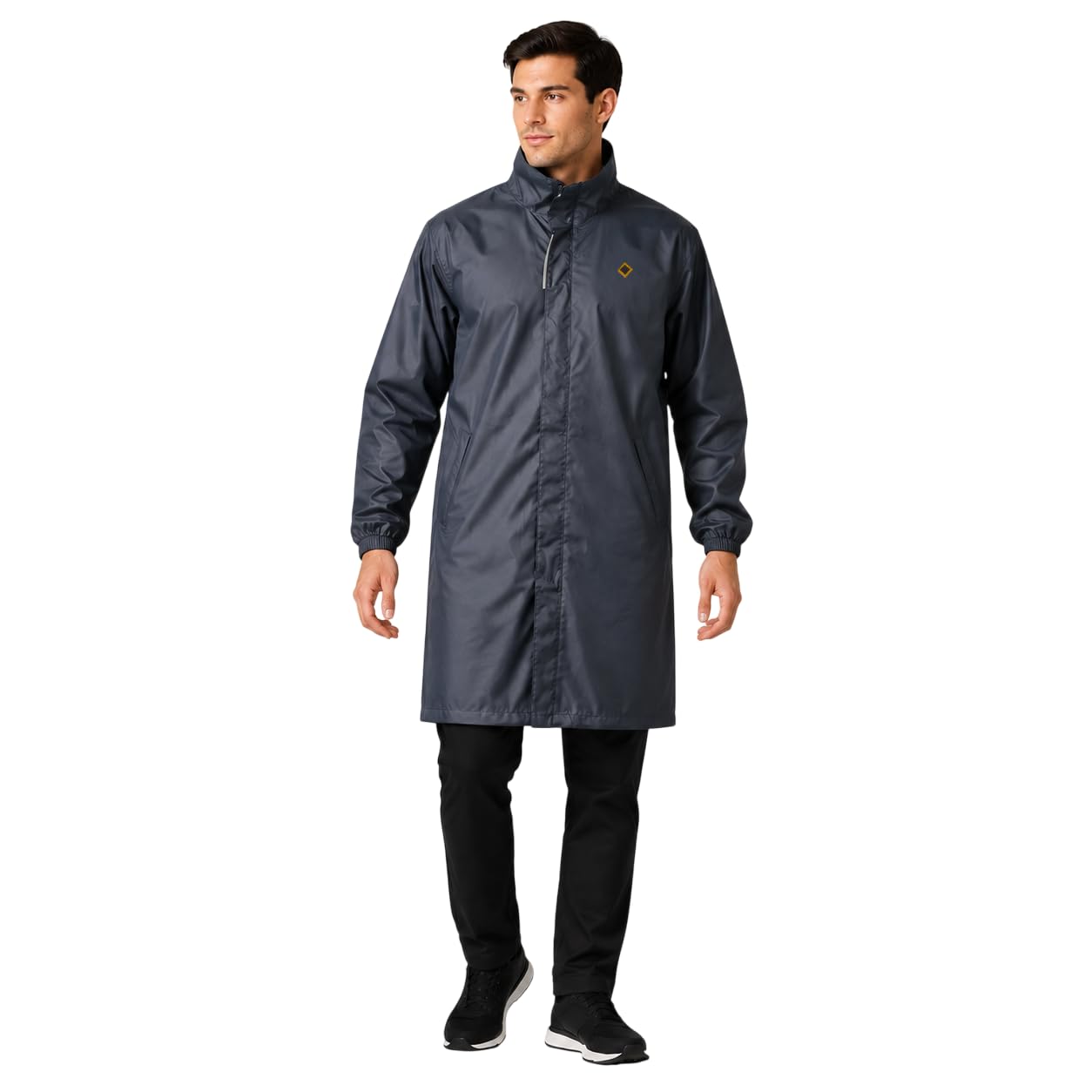 Mens Waterproof Hooded Raincoat | Longline Regular Fit Rain Jacket with Full Zip, Adjustable Hood & Zipper Pockets-image-41