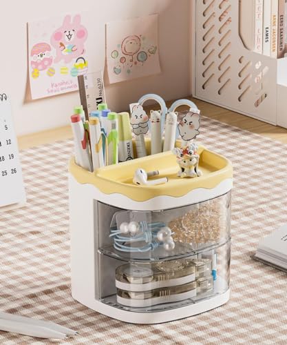Image of Amazon Brand - Umi Multifunctional Desk Organiser with 3 Compartments & 2 Rotating Drawer Desktop Office Supplies Stationery Storage Box for Pens Staplers Clips Sticky Notes Study Table - Yellow