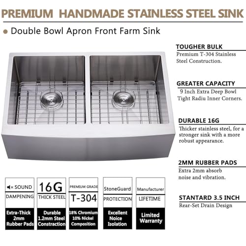 Image of SHACO 33 Inch Double Bowl Divided 50 /50 Farmhouse Sink, 33x21 Stainless Steel Undermount Apron Front Farm Kitchen Sink