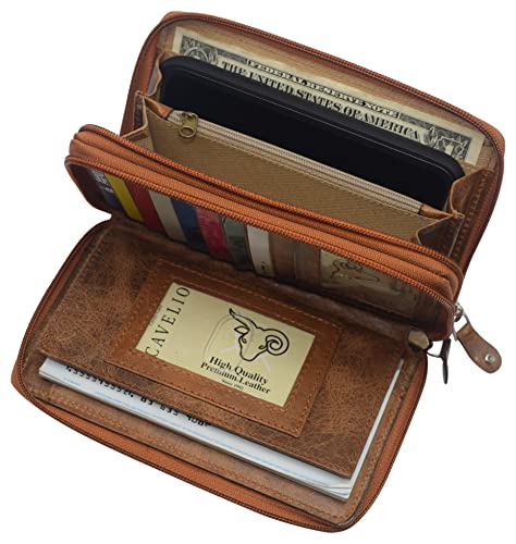 Women RFID Blocking Wallet Leather Zip Around Phone Clutch Large Travel Purse (Tan)2
