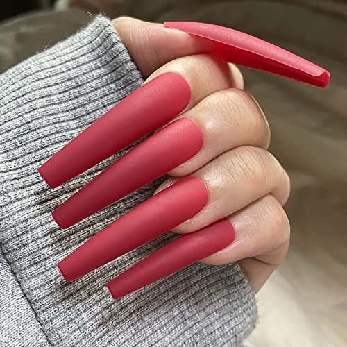 Addfavor Xxl Extra Long Press On Nails Coffin Matte Fake Nails Full Cover Acrylic False Nails 12 Sizes 120Pcs Red Nail Tips For Women Fingernails Manicure Design #TOP4