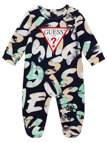 GUESS Baby Boy Eco Long Sleeve Stretch Jersey Printed Onesie, White Logo Lettering Aop, 9