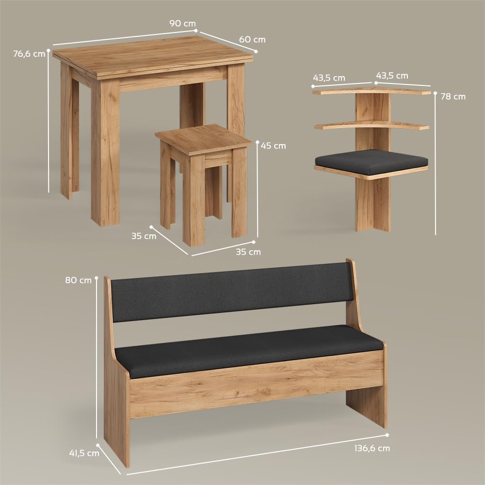 Livinity Conjunto con Banco esquinero Tiberio, Roble Dorado, 180 x 180 cm con Mesa