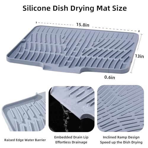 LDIIDII Silicone Dish Drying Mat with Drain Lip,Flexible Dish Drying Pad,Large dish drying Mats for Kitchen Counter,dish drain mat,sink drying mats,Drainboard for Kitchen Counter Grey,15.8\"x13\"
