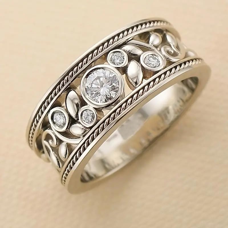 Gixaxak Vintage Eternity Silver CZ Ring Hollow Design Flower Scroll Promise Ring Band Wide 925 Sterling Silver Eternity Statement Stackable Wedding Engagement Bands Gift for Women 10