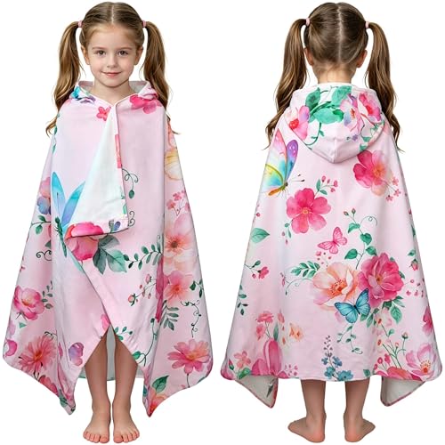 VOOVA & MOVAS Todder Beach Towel with Hood, (3-8 Years, 30''X50),Absorbent 100% Cotton Towel Wrap for Boys, Perfect for Toddler Beach, Pool, Bath, Swimming, Flower Butterfly