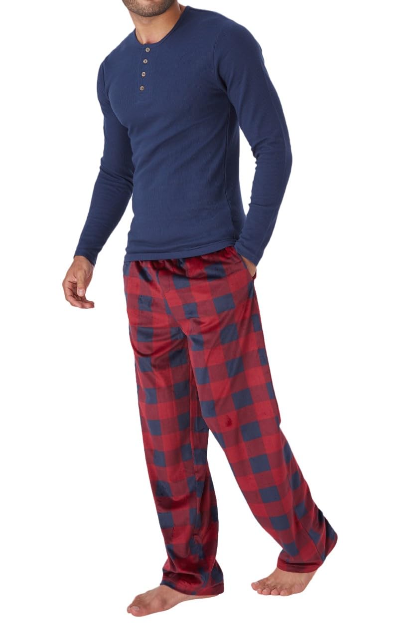DOCKERS Men's Pajama Sets, Plaid PJ Pants for Men Lounge Set Long Sleeve Shirt Plaid Bottoms Navy