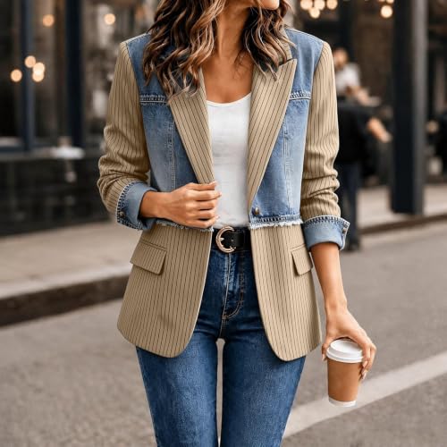 JiXiang Fall Jacket for Women Denim Patchwork Collared Button Front Blazer Jacket Long Sleeve Ribbed Knit Lightweight Shacket - image 6