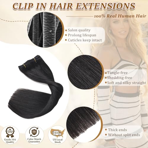 Image of Clip in Hair Extensions Real Human Hair for Women Natural Black 20inch | Natural Blend for Daily Wear,Human Hair Extensions, Add Volume And Length, No Tangle, No Shedding, Double Weft, 8PCS, 100g
