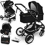 KIDUKU® 3 in 1 Kinderwagen Komplettset | Kombikinderwagen Set inkl. Babywanne Buggy Auto-Babyschale Fußsack | Voll-Gummireifen Wickeltasche Regenschutz Kindertisch (Schwarz/Schwarz)