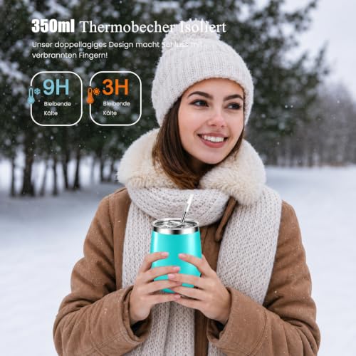 BeBeiZi Weinbecher Edelstahl, 350ml Stemless Weinbecher Mit Deckel Und Strohhalm, Vakuumisolierte Reisekaffeetasse für Cocktails, Coffee… – Ansicht 5