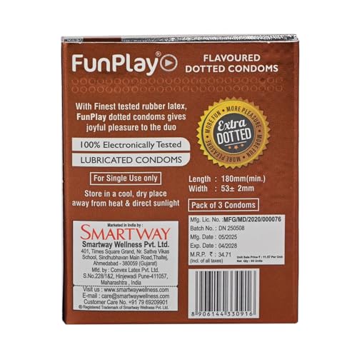 Image of Funplay Chocolate Dotted Condoms 3 PCS | Flavoured Latex Condoms with Dotted Texture | Pre-Lubricated Smooth Surface | Comfortable Fit | Travel Friendly Pack | For Men