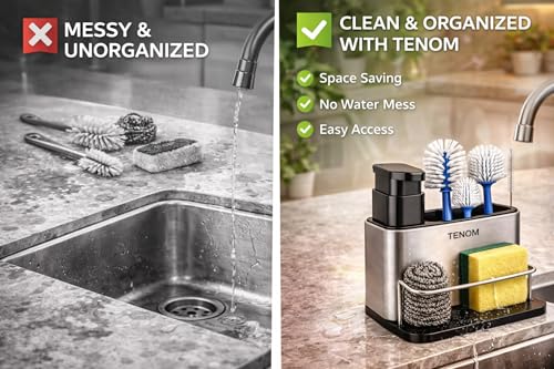 Image of TENOM Soap Dispenser for Kitchen Sink with Sink Organiser & Sponge Holder, Stainless Steel Rust Proof Dishwasher Safe Space Saving Dishwashing Liquid Rack Organizer (Silver)