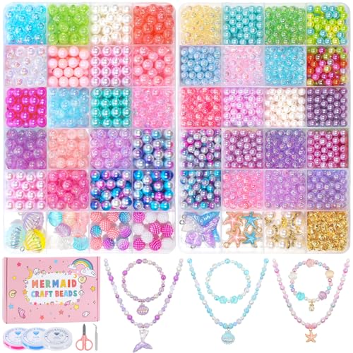 ايس ريتش مجموعة صنع اساور حورية البحر للبنات من 1400 قطعة خرز لصنع المجوهرات مع لؤلؤ المحيط 8 - 6 ملم وصدفة نجم القلائد والحلقان وهدايا عيد الميلاد للاطفال