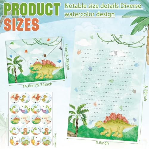 Image of TaoBary 160 Pcs Watercolor Dinosaur Stationery Paper and Envelopes Set 50 Double Sided Lined Stationery Paper & 50 Matching Envelopes and 60 Round Dot Sticker 5.5 x 8.25'' Letter Writing Kit, 10design