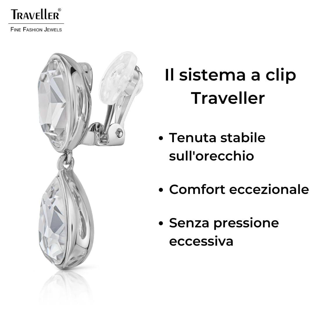 Traveller Orecchini a clip – da donna – color argento – cristalli – ovali e gocce – platinati – 35 x 12 mm – 157831