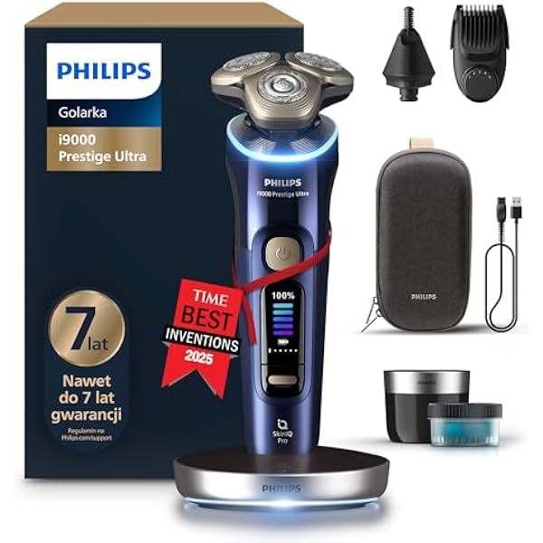 Philips Shaver i9000 Prestige Ultra golarka elektryczna do golenia na sucho i mokro z technologią Skin IQ Pro System Triple Lift Cut obrotowe 360º ostrza 5 trybów golenia Model XP9401 38