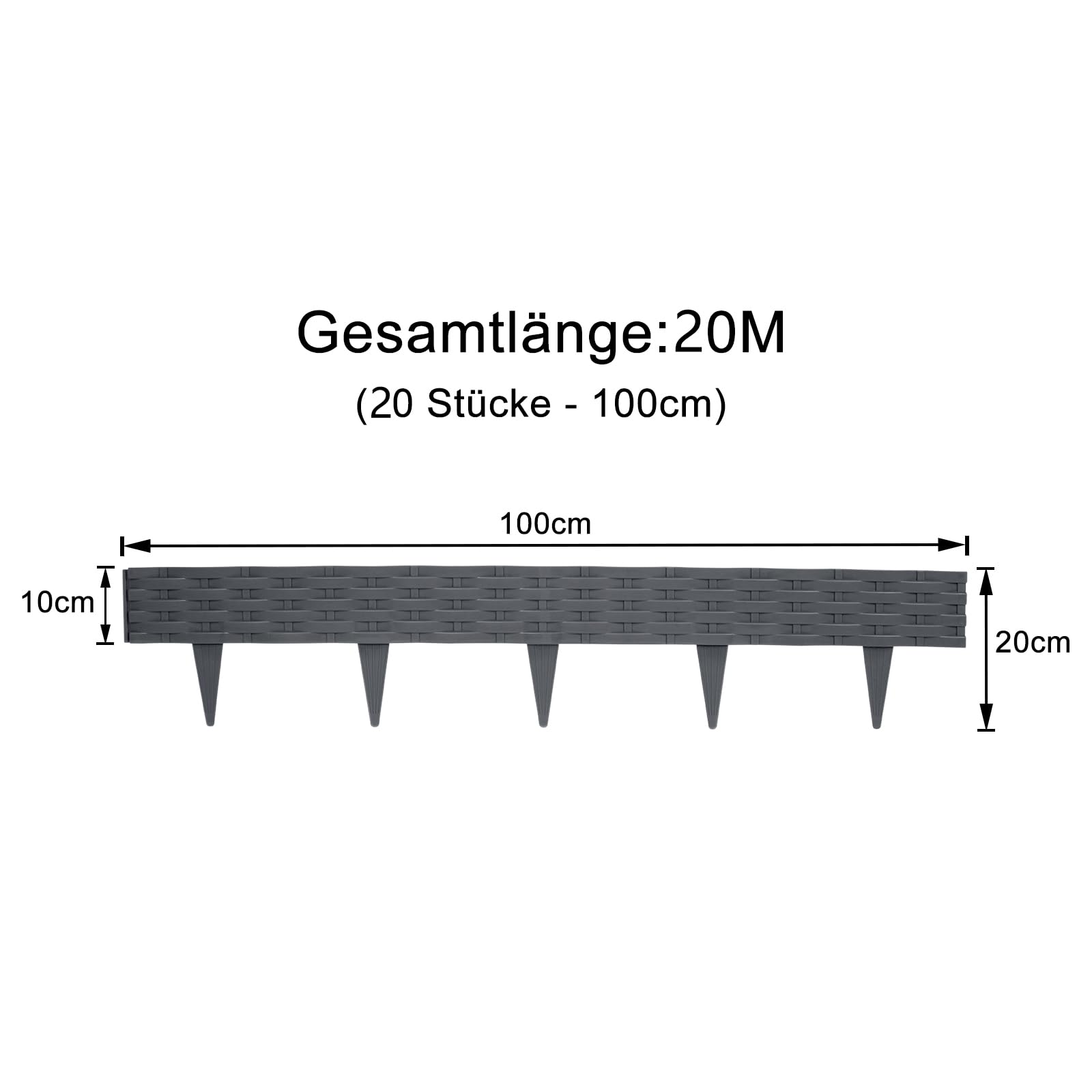 YUENFONG Bordatura per aiuole 20 m Bordo da Giardino Effetto Rattan Recinzione per Giardino, 20 pezzi, 1 elementi da 100 x 20 cm di altezza, Antracite